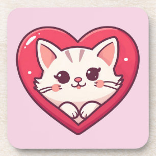 Schattige Witte Kat met Hart Kawaii Kitty Liefdeso Bier Onderzetter