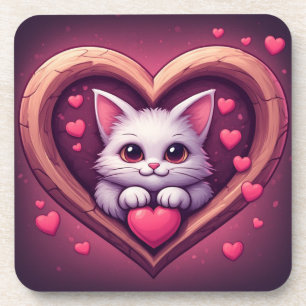 Schattige Witte Kat met Hart Kawaii Kitty Liefdeso Bier Onderzetter