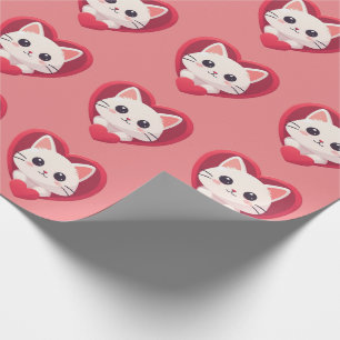 Schattige Witte Kat met Hart Kawaii Kitty Liefdeso Cadeaupapier