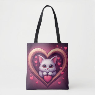 Schattige Witte Kat met Hart Kawaii Kitty Liefdeso Draagtas