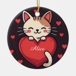 Schattige Witte Kat met Hart Kawaii Kitty Liefdeso Keramisch Ornament