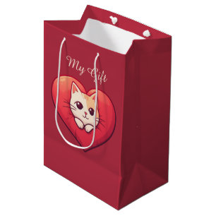 Schattige Witte Kat met Hart Kawaii Kitty Liefdeso Medium Cadeauzakje