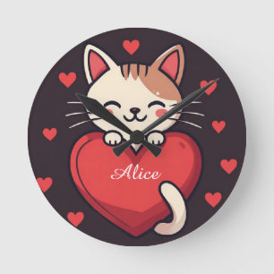 Schattige Witte Kat met Hart Kawaii Kitty Liefdeso Ronde Klok