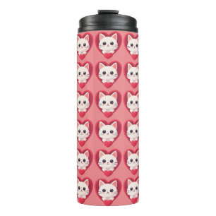 Schattige Witte Kat met Hart Kawaii Kitty Liefdeso Thermosbeker