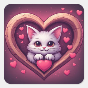 Schattige Witte Kat met Hart Kawaii Kitty Liefdeso Vierkante Sticker
