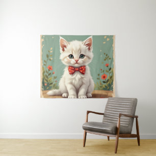 Schattige witte kat met vlinderdas wandkleed
