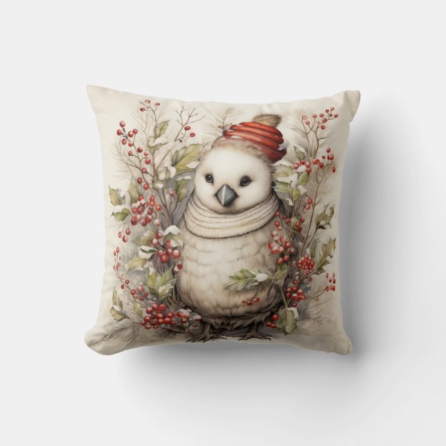 Schattige witte kerstvogel met rode hoed kussen (Voorkant)