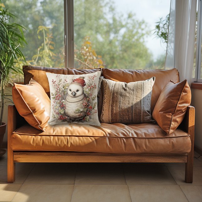 Schattige witte kerstvogel met rode hoed kussen (Creator heeft geüpload)