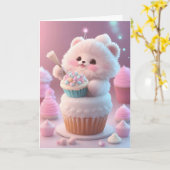 Schattige witte kitten partij Pet Cupcakes Blank Kaart (Gele Bloem)