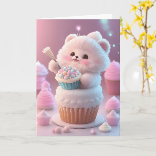 Schattige witte kitten partij Pet Cupcakes Blank Kaart (Gele Bloem)