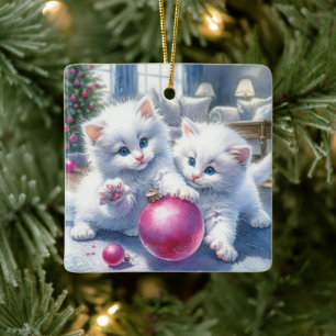 Schattige Witte Kittens Roze Kerst Gepersonaliseer Keramisch Ornament