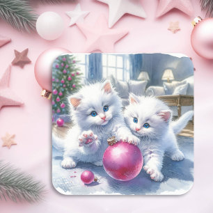 Schattige Witte Kittens Roze Kerst Vierkante Sticker