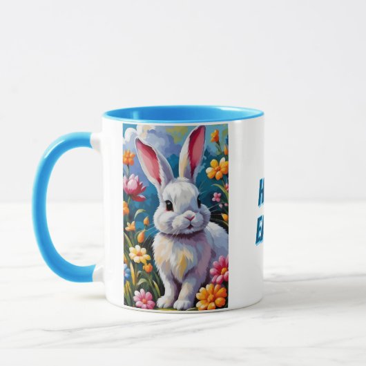 Schattige witte konijn omringd door levendige bloe mok (Links)