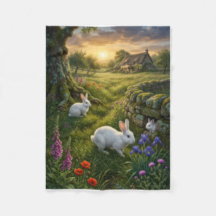 Schattige Witte Konijnen In Landelijk Bloemen Tuin Fleece Deken