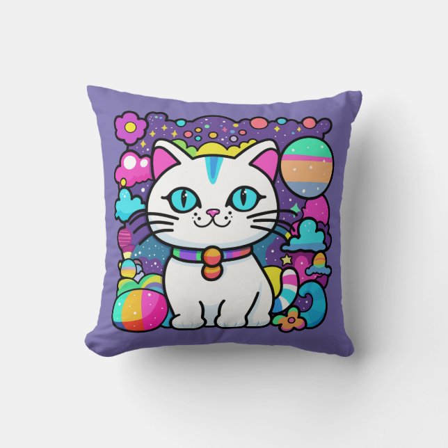 Schattige Witte Kosmische Ruimte Kitty Kat Kussen (Voorkant)