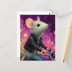 Schattige Witte Muis Rijdend op een Motercycle in  Briefkaart