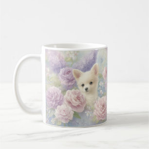 schattige witte puppy met bloemen koffiemok