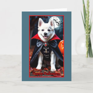 Schattige Witte Vampier Puppy met Halloween Feestdagen Kaart