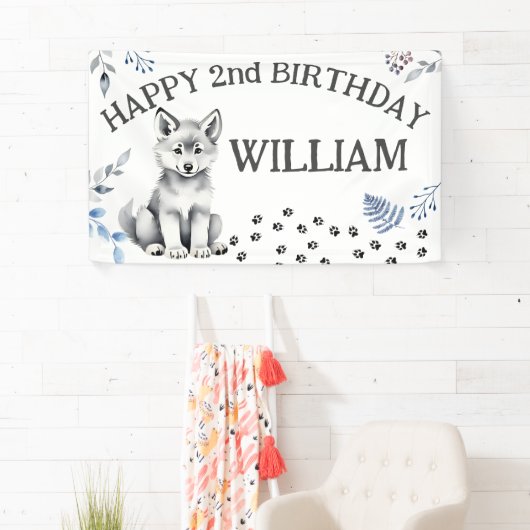 Schattige wolf cub twee wild happy birthday party spandoek (Insitu)