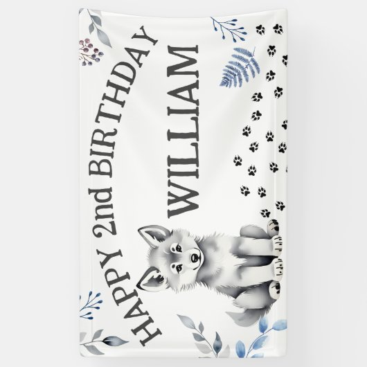 Schattige wolf cub twee wild happy birthday party spandoek (Verticaal)