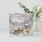 Schattige wolf eekhoorn winter sneeuw bos kerst feestdagenkaart (Staand voorkant)