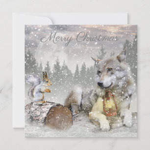 Schattige wolf eekhoorn winter sneeuw bos kerst feestdagenkaart
