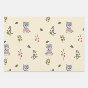 Schattige wolf en bosbessen patroon inpakpapier vel