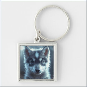 Schattige wolfbaby in het maanlicht sleutelhanger