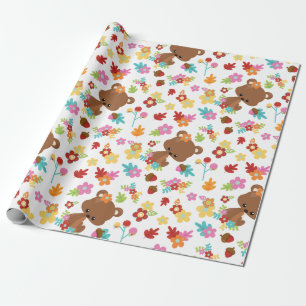 Schattige Woodland Beer & Flowers Baby Meisje Baby Cadeaupapier