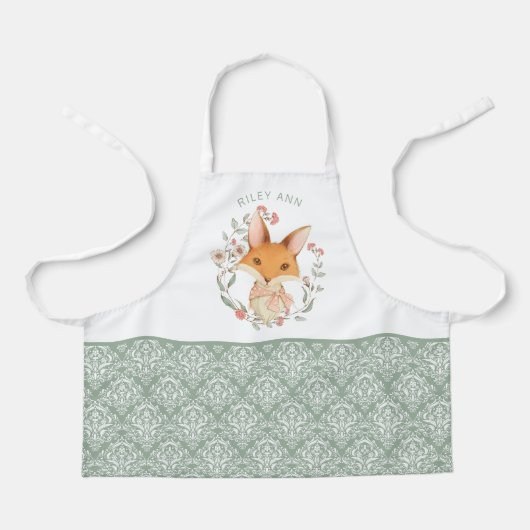 Schattige Woodland Fox en Damask Pattern met Naam Schort (Voorkant)