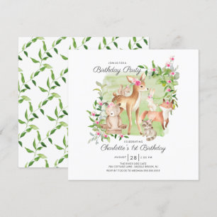 Schattige Woodland Friends Girls 1ste verjaardag Kaart