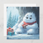 Schattige Yeti met kerstcadeaus in een grot Feestdagenkaart (Voorkant / Achterkant)