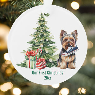 Schattige Yorkie-hond dennenboom watercolor Kerstm Ornament