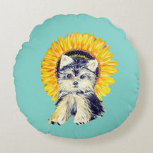 Schattige Yorkie-hondpuppy en zonnebloem op turquo