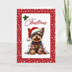 Schattige Yorkie Kerstman Hoed & Kerstverlichting Feestdagen Kaart
