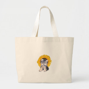 Schattige Yorkshire puppy dog & sunflower art Grote Tote Bag