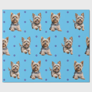 Schattige Yorkshire Terrier Kerst op Blauw Cadeaupapier