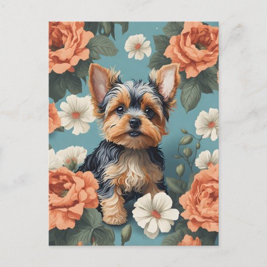 Schattige Yorkshire Terrier Puppy Floral Briefkaart (Voorkant)
