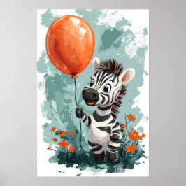 Schattige zebra met oranje ballon Whimsical Illust Poster