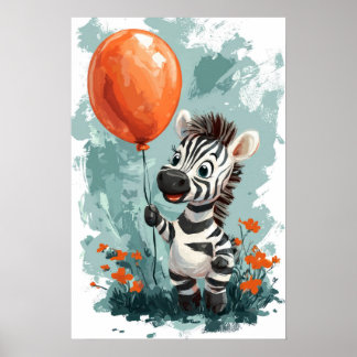 Schattige zebra met oranje ballon Whimsical Illust Poster