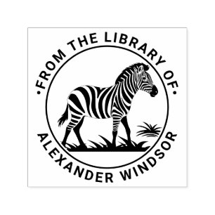 Schattige zebra staand rond bibliotheek boek naam zelfinktende stempel