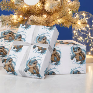 Schattige Zee Schildpad Kerstvakantie Waterverf Cadeaupapier