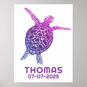 Schattige Zee Turtle CUSTOM BABY NAAM VERJAARDAG K Poster