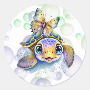 Schattige Zeeen Schildpad en een Vlinder Baby show Ronde Sticker
