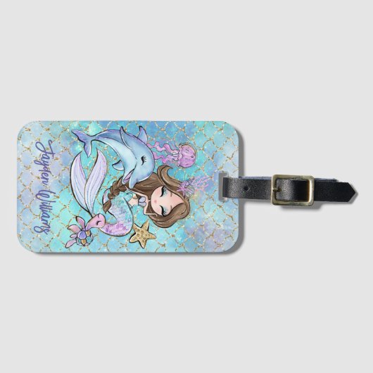 Schattige Zeemeermin Bruin Haar Meisje Aangepaste Bagagelabel (Voorkant (horizontaal))