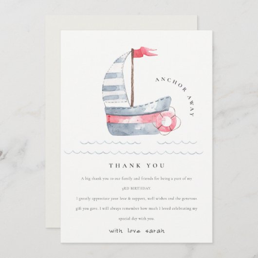 Schattige Zeevaart Zachte Rode Blauwe Zeilboot Kin Bedankkaart (Voorkant / Achterkant)