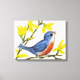 Schattige zingende blauwe vogel boom canvas afdruk