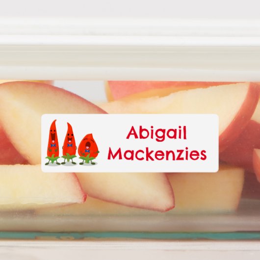 Schattige zingende chilipepers cartoon gepersonali labels (Aangebracht)