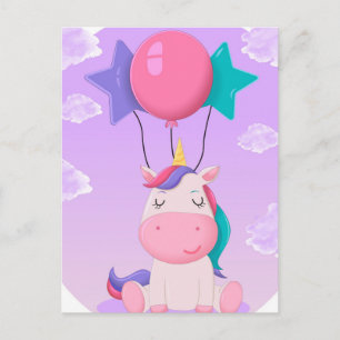 Schattige Zittende Eenhoorn en Ballonnen Lila Briefkaart