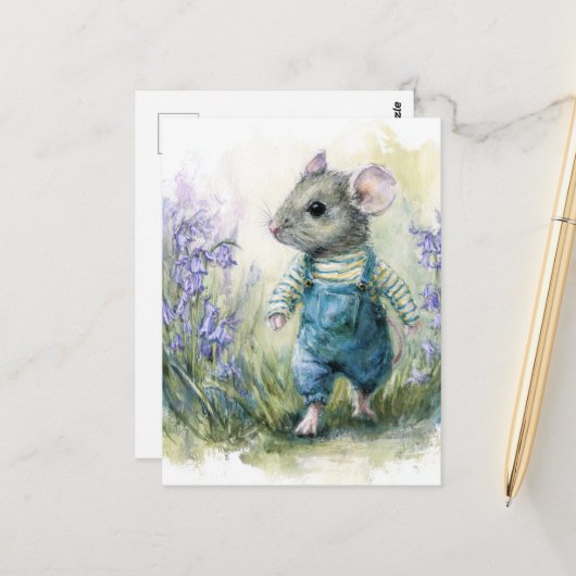 Schattige zoete muis in denim briefkaart (Voorkant / Achterkant in situ)